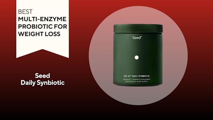 A red and black background with a white banner that reads Best Multi-Enzyme Probiotic for Weight Loss next to a green container of Seed Daily Synbiotic